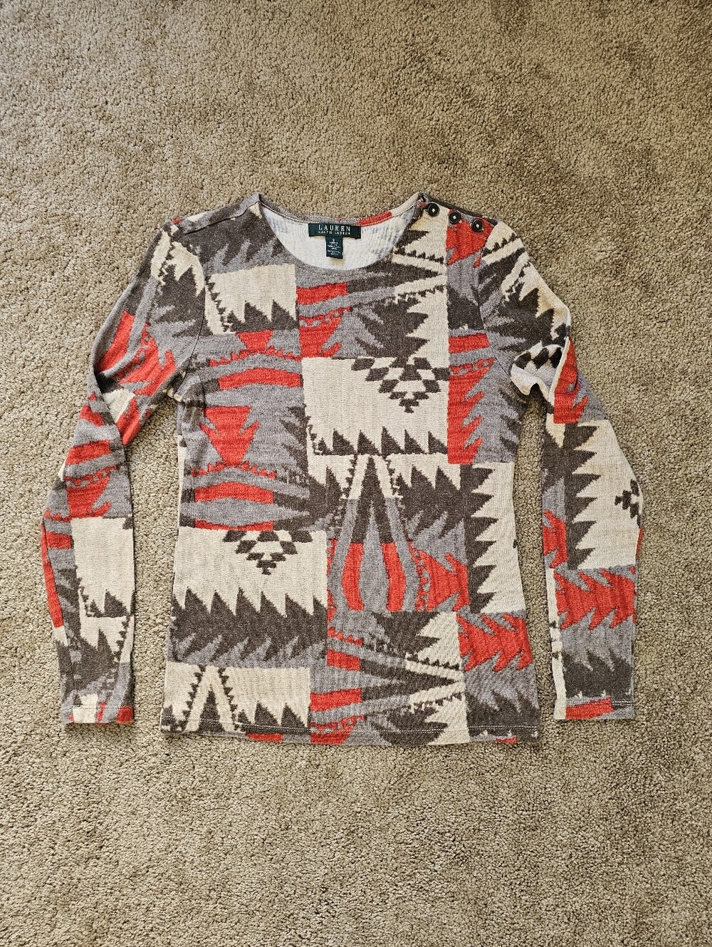 Lauren Ralph Lauren Red Gray Aztec Crewneck Sweater - Women's